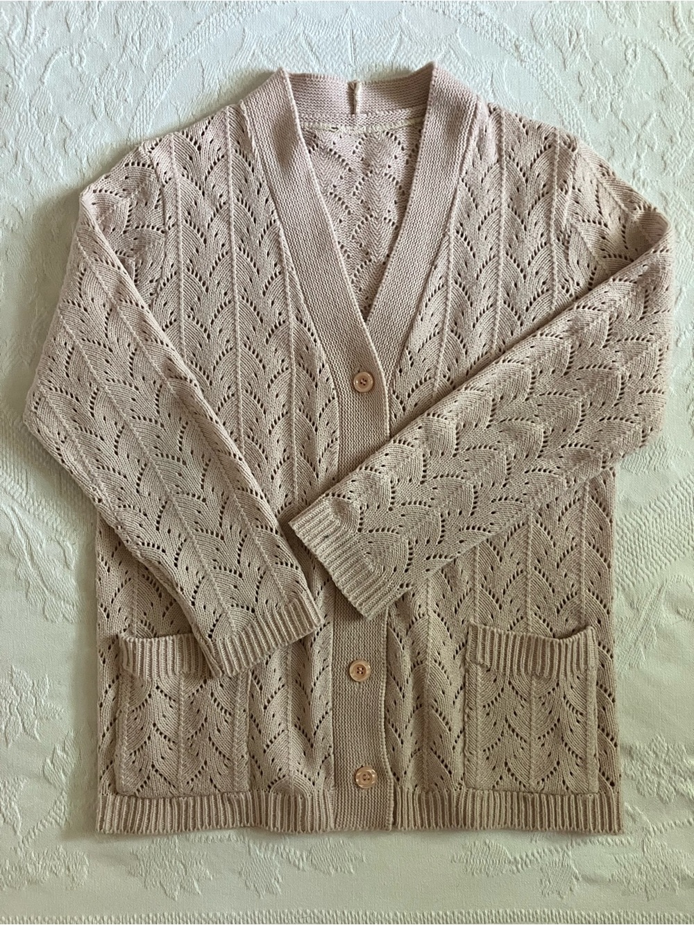 Vintage | Knit Cardigan | Openwork Button Front Sweater | Soft Blush Pink